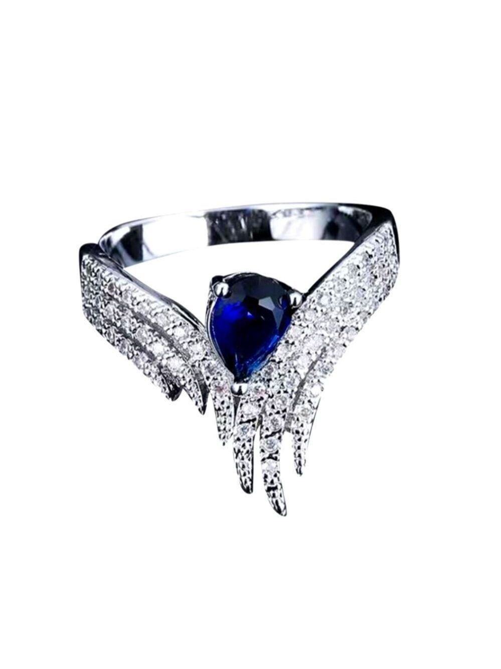 Wing Angel Ring Blue Zircon Diamond Silver Plated